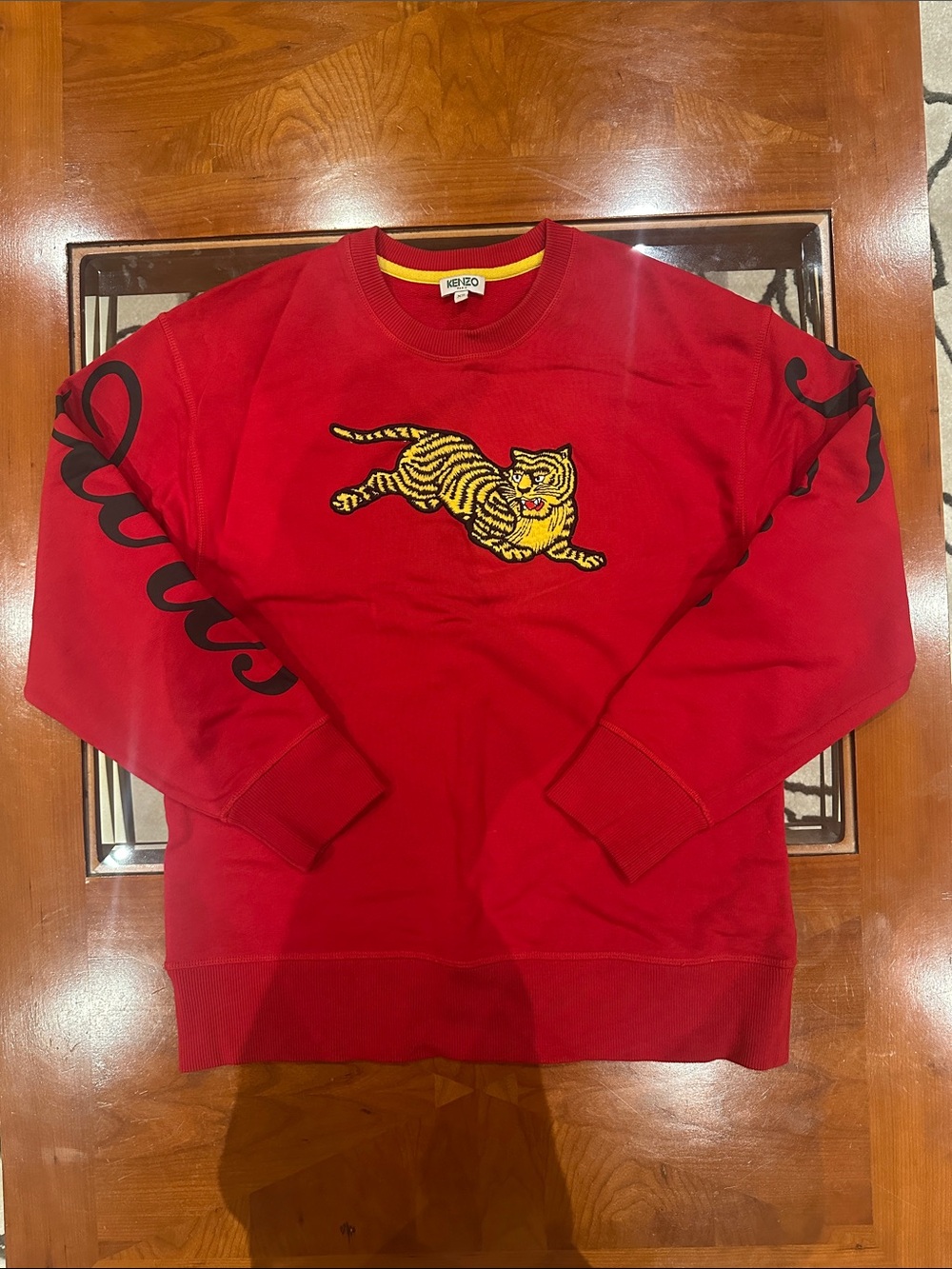 Kenzo Red Crewneck Sweater with Yellow Tiger Embroidery